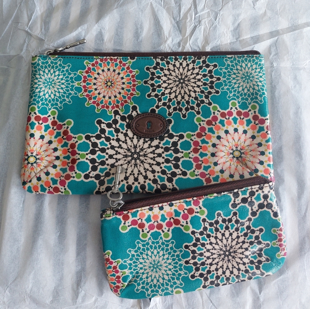 Fossil Key-Per Canvas Pouch Wristlet Set Cosmetic Bag Vintage